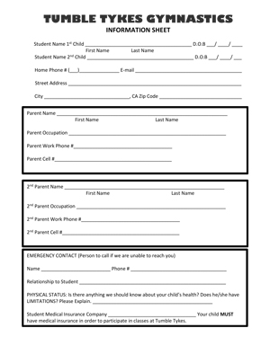 Tumble Tykes Gymnastics Information Form PDF Link