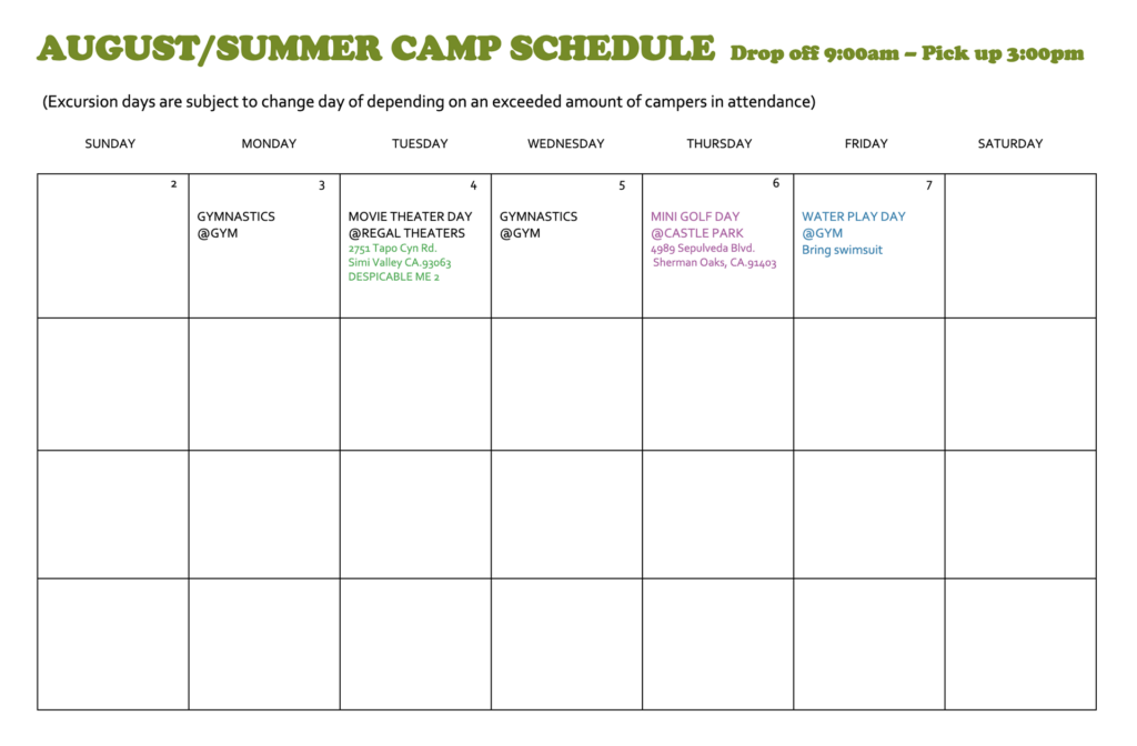 August Summer Camp Schedule