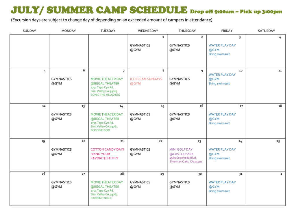 July Summer Camp Schedule