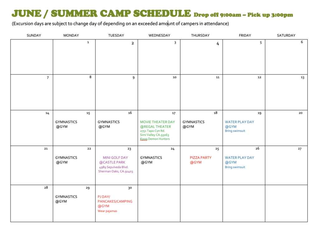 June Summer Camp Schedule
